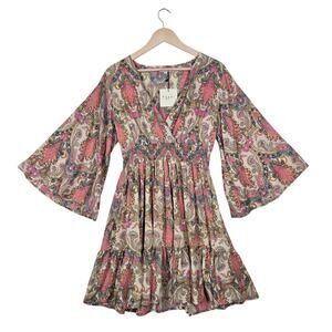 Paani Dress L Pink Paisley Smocked Bell Sleeve Boho Glam Ruffle